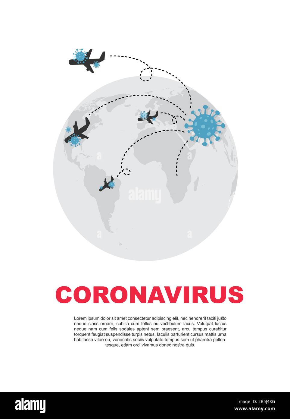 Virus Corona 2019-nCoV. Coronavirus respiratorio patogeno cinese. Influenza diffusione del mondo. Gli aerei trasferiscono le cellule del virus dell'influenza dalla Cina. Pericoloso Illustrazione Vettoriale