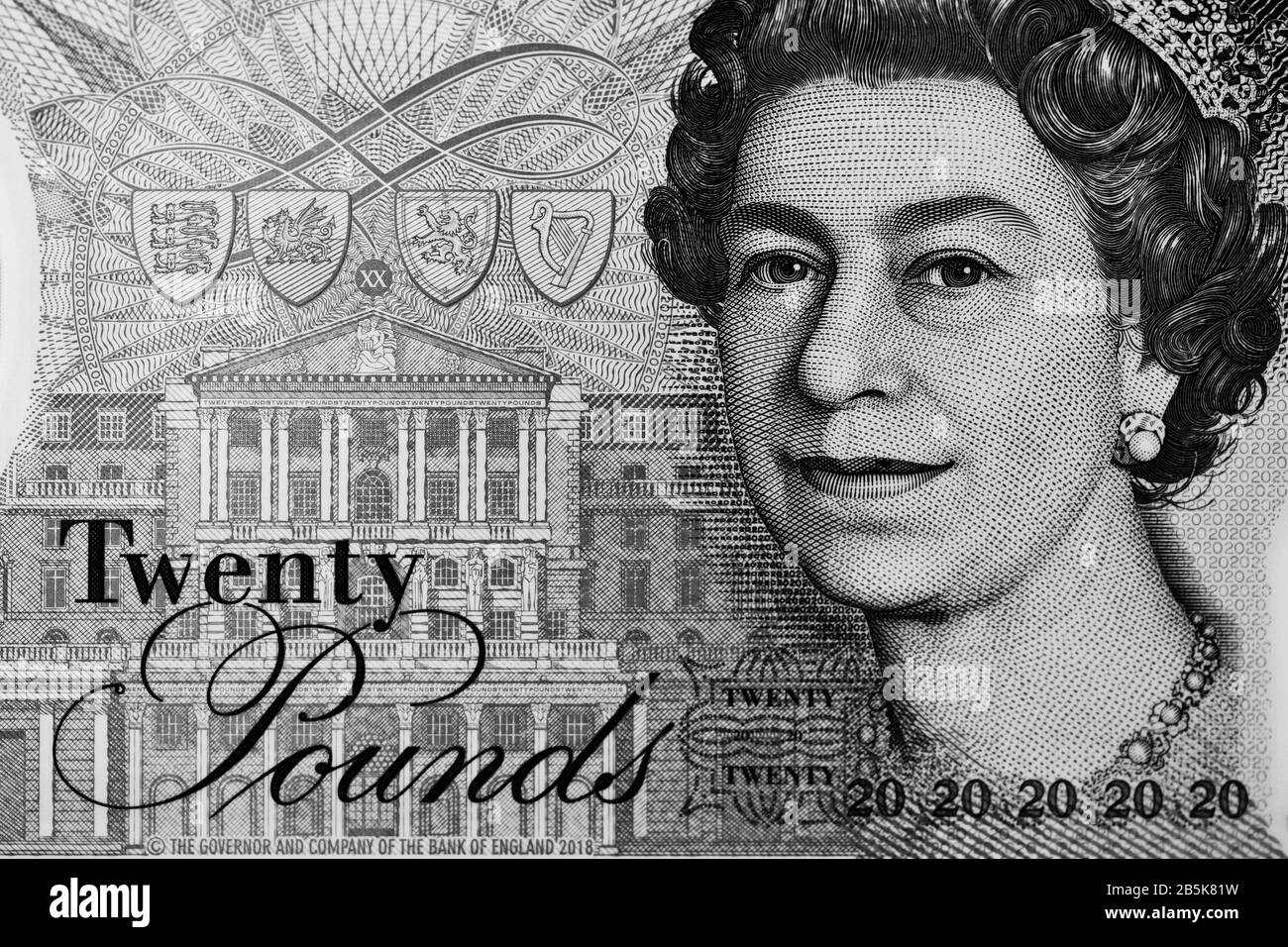 Primo piano del nuovo polimero £20 libbra nota dalla Banca d'Inghilterra Foto Stock