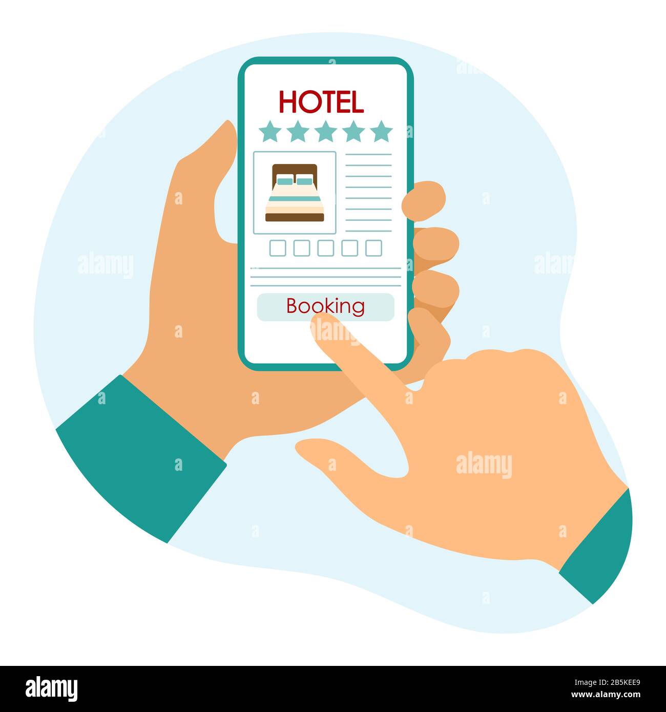 Vector Illustration prenotazione e pagamento online per alloggio in hotel Persone hands smartphone Travel Summer Time, concetto di vacanza per viaggi online A. Illustrazione Vettoriale