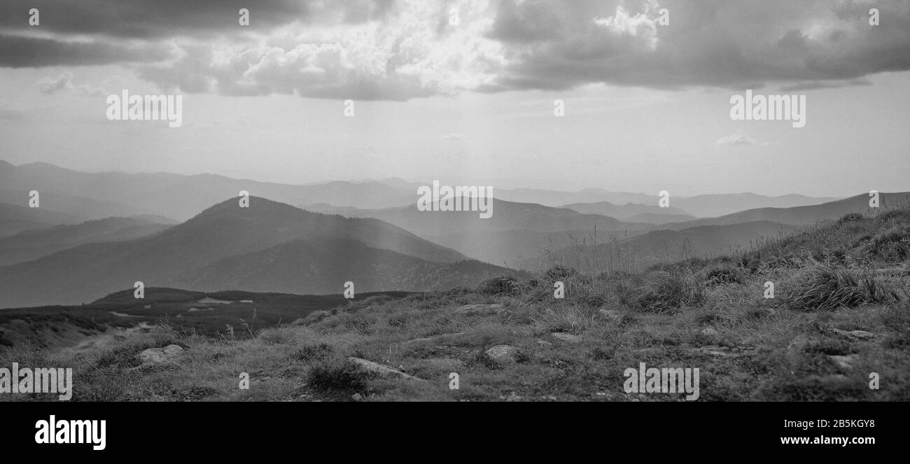 Vista monocromatica delle montagne dei Carpazi, Ucraina. Viaggi, turismo, arte, minimalismo e natura concetto. Pellicola Foto Stock