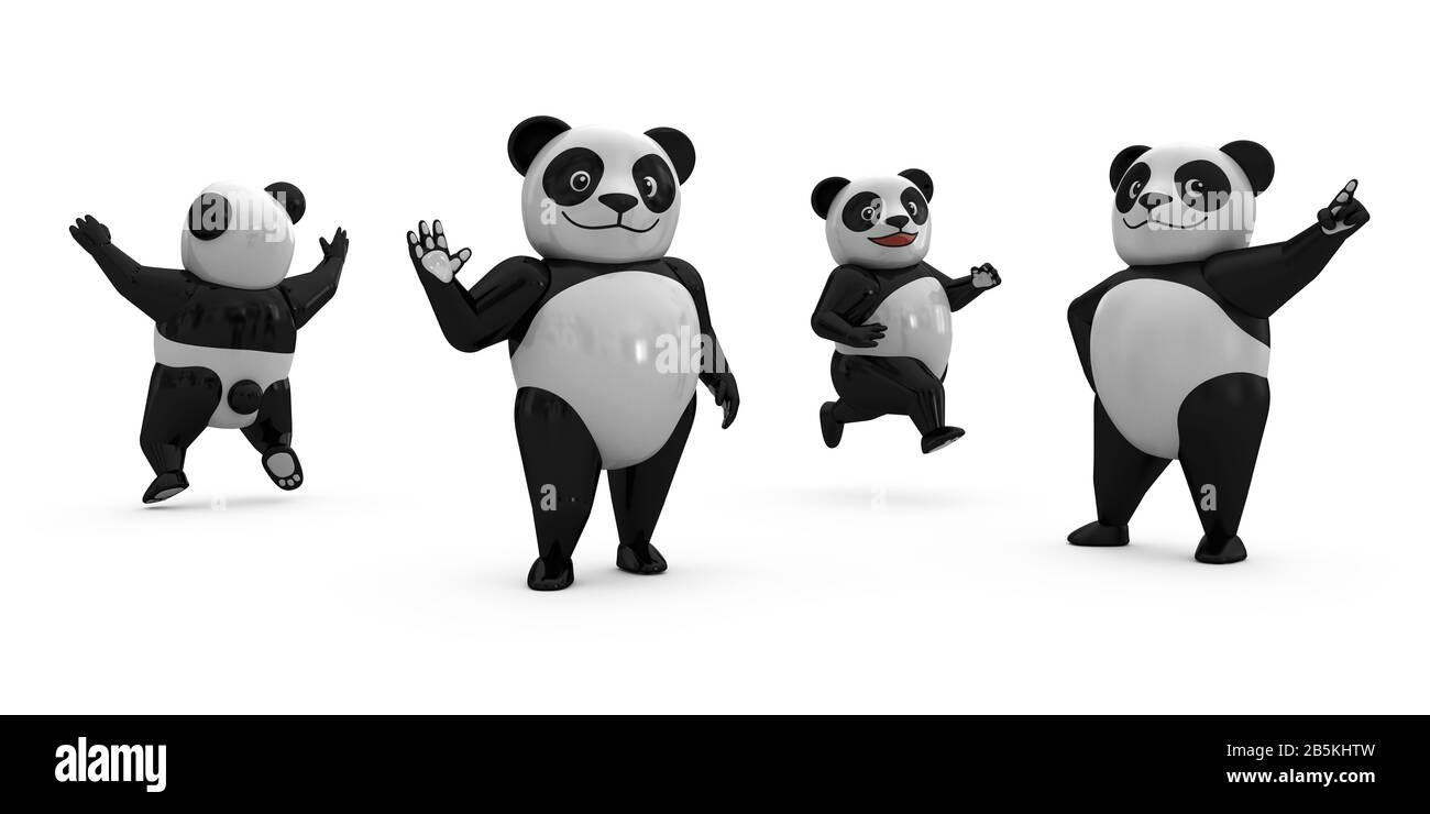 3d Panda Plastic Toy (Toy Art) Stile In Più Pose (Gruppo). Illustrazione Del Disegno Del Personaggio Di Cartoon 3d. Foto Stock