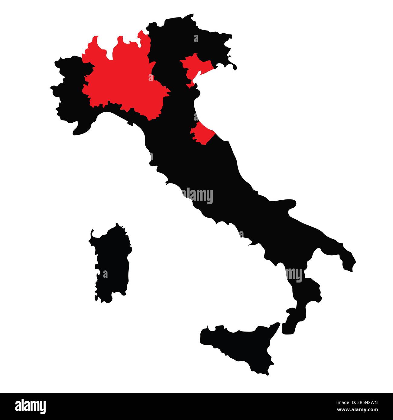 Mappa Italia con aree di blocco a causa della quarantena di Coronavirus dall'8 marzo 2020. Silhouette nera della mappa italiana. Immagine raster. Foto Stock