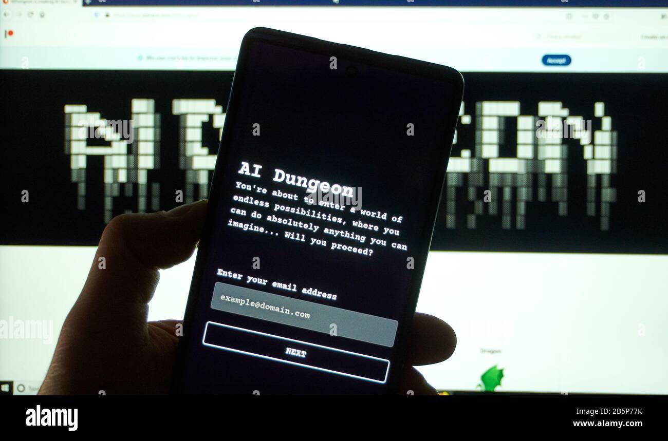 Montreal, Canada - 08 marzo 2020: Gioco di testo di avventura ai Dungeon su un telefono cellulare su schermo del laptop. Ai Dungeon è un gioco di avventura di testo open-source Foto Stock