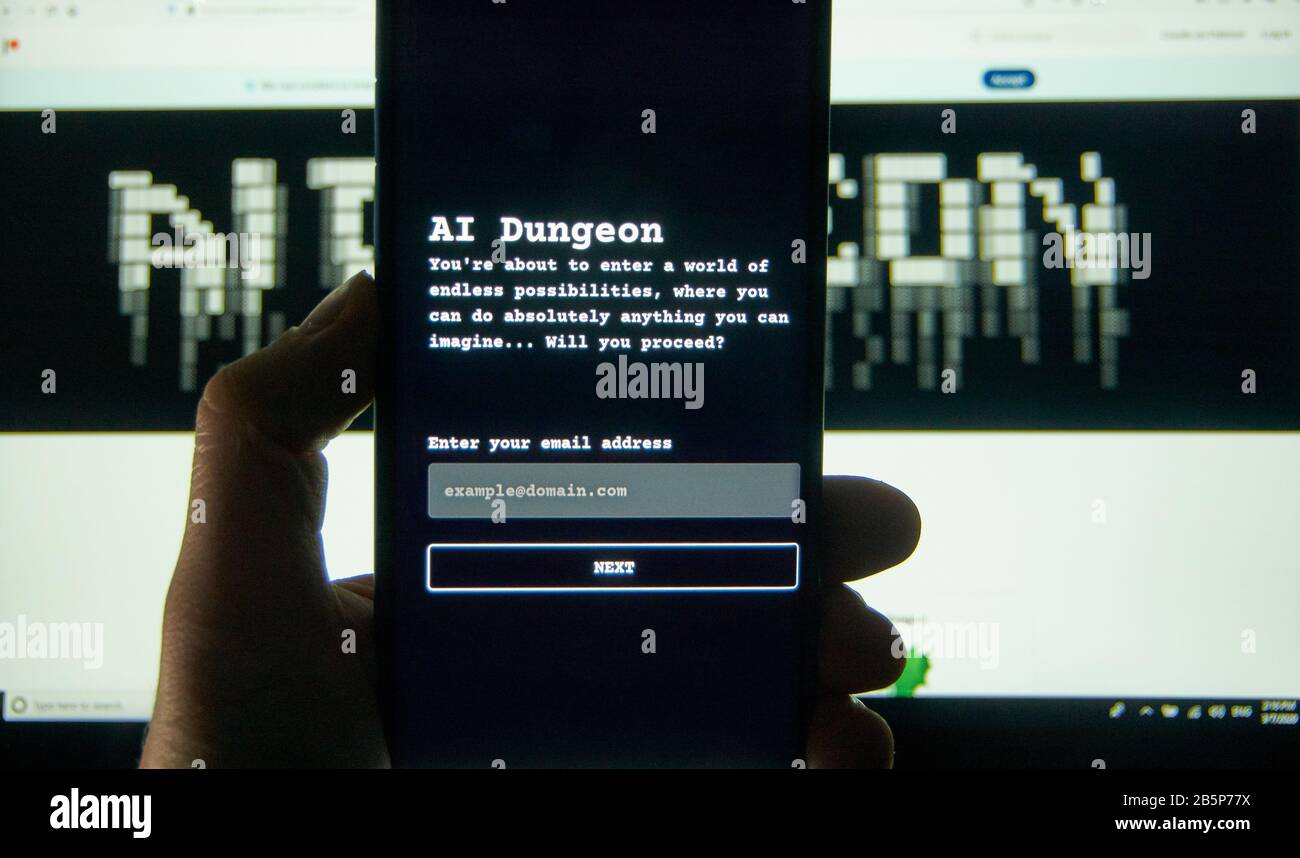 Montreal, Canada - 08 marzo 2020: Gioco di testo di avventura ai Dungeon su un telefono cellulare su schermo del laptop. Ai Dungeon è un gioco di avventura di testo open-source Foto Stock