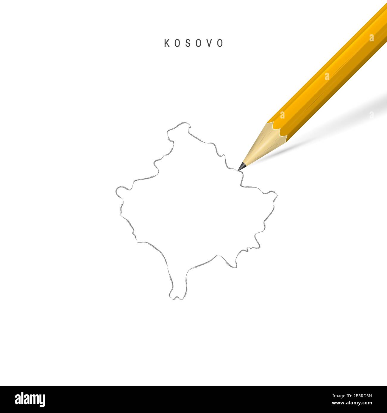 Kossovo a mano libera matita schizzo mappa contorno isolato su sfondo bianco. Mappa vuota del Kosovo disegnata a mano. Matita 3D realistica con ombra morbida. Foto Stock