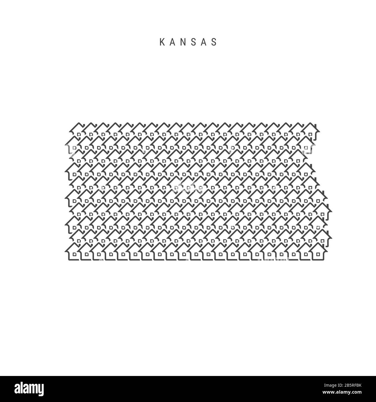 Immobili in Kansas. Icone di case a forma di una mappa del Kansas. Concetto creativo per un'agenzia immobiliare. Illustrazione. Foto Stock