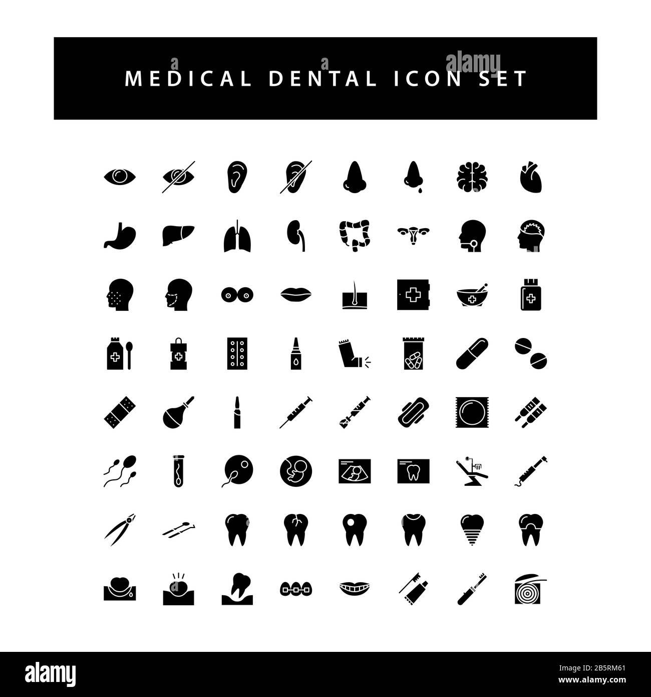 Set di icone medicali con design a glifo di colore nero. Illustrazione Vettoriale