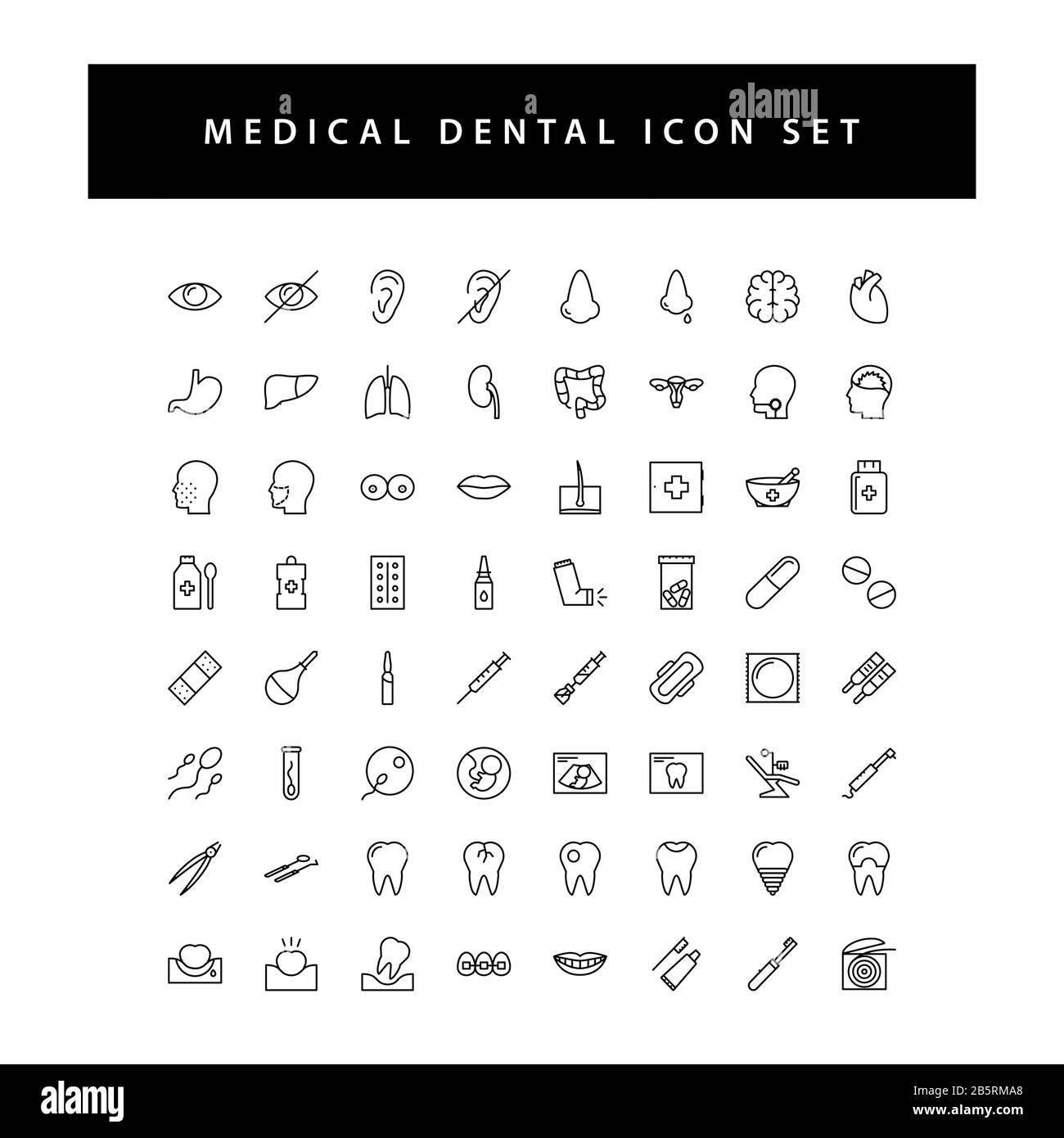 Set di icone medicali con design a contorno di colore nero. Illustrazione Vettoriale