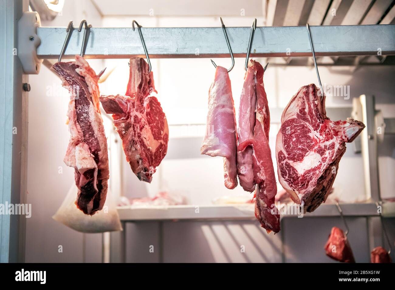 Pezzi di manzo fresco si incontrano appesi su ganci di metallo in camera frigorifero macelleria, visto da basso angolo Foto Stock