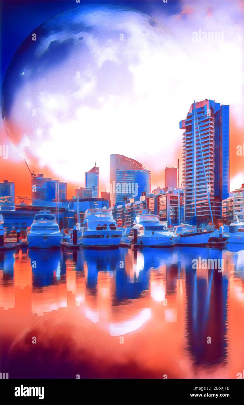 Illustrazione digitale per il modello di copertina dell'e-book. Paesaggio del futuro - alti edifici e yacht ormeggiati con enorme pianeta alieno nel cielo refl Foto Stock