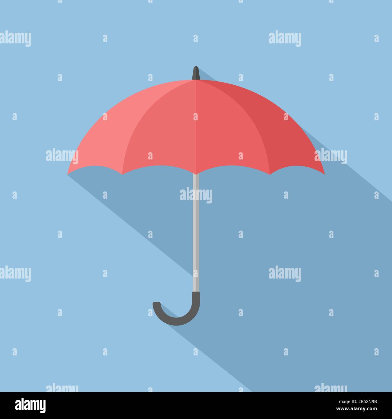 ombrello rosso aperto con lunga ombra su sfondo blu. design piatto Illustrazione Vettoriale