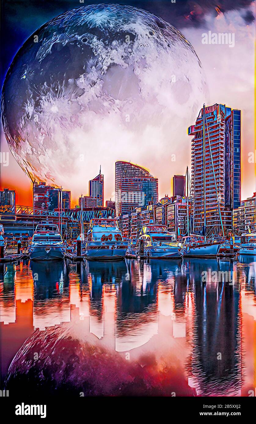 Illustrazione digitale per il modello di copertina dell'e-book. Paesaggio del futuro - alti edifici e yacht ormeggiati con enorme pianeta alieno nel cielo refl Foto Stock