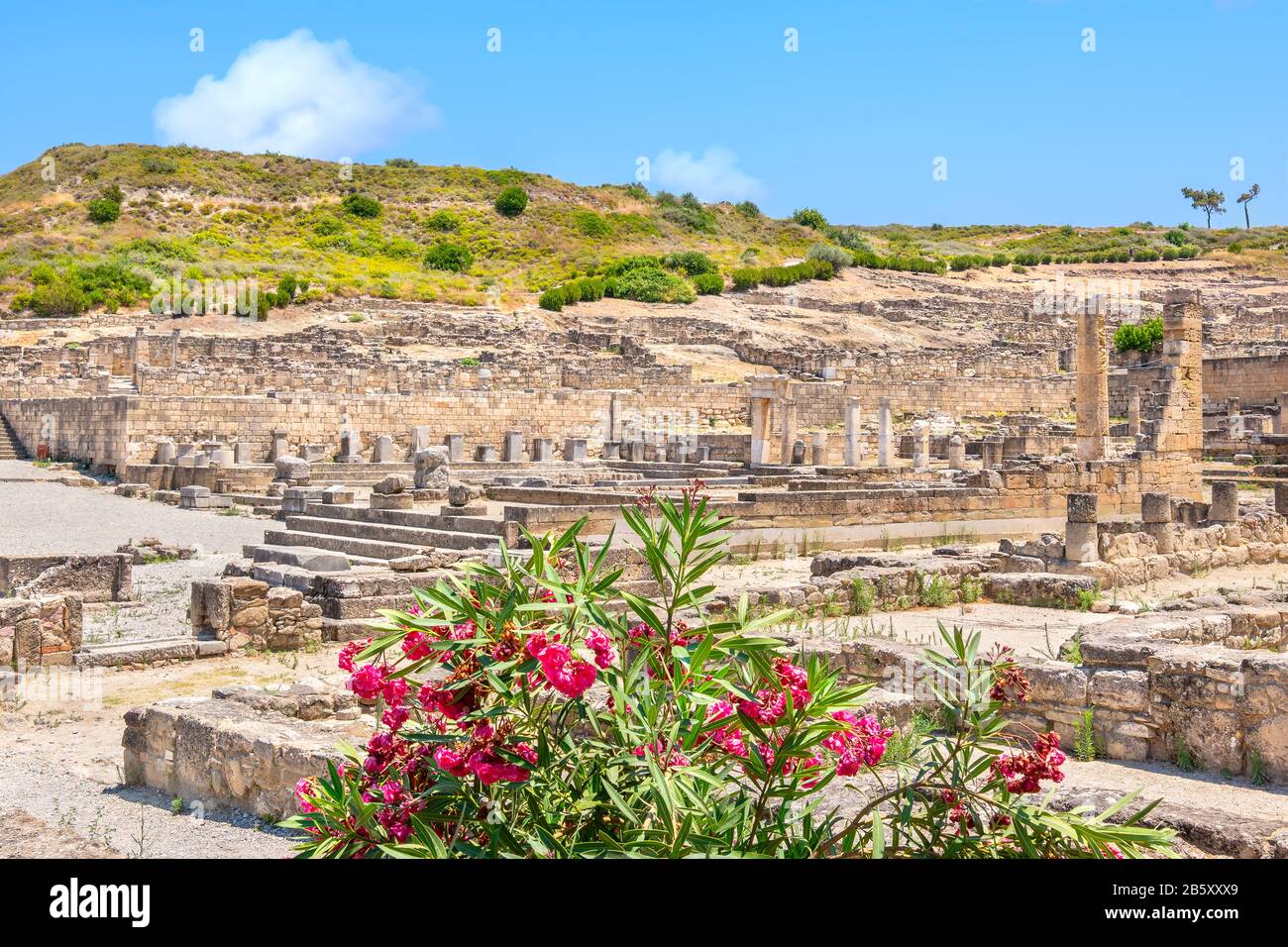 Vista sulle rovine e sui resti dell'antica città di Kamiros. Rodi, Grecia Foto Stock