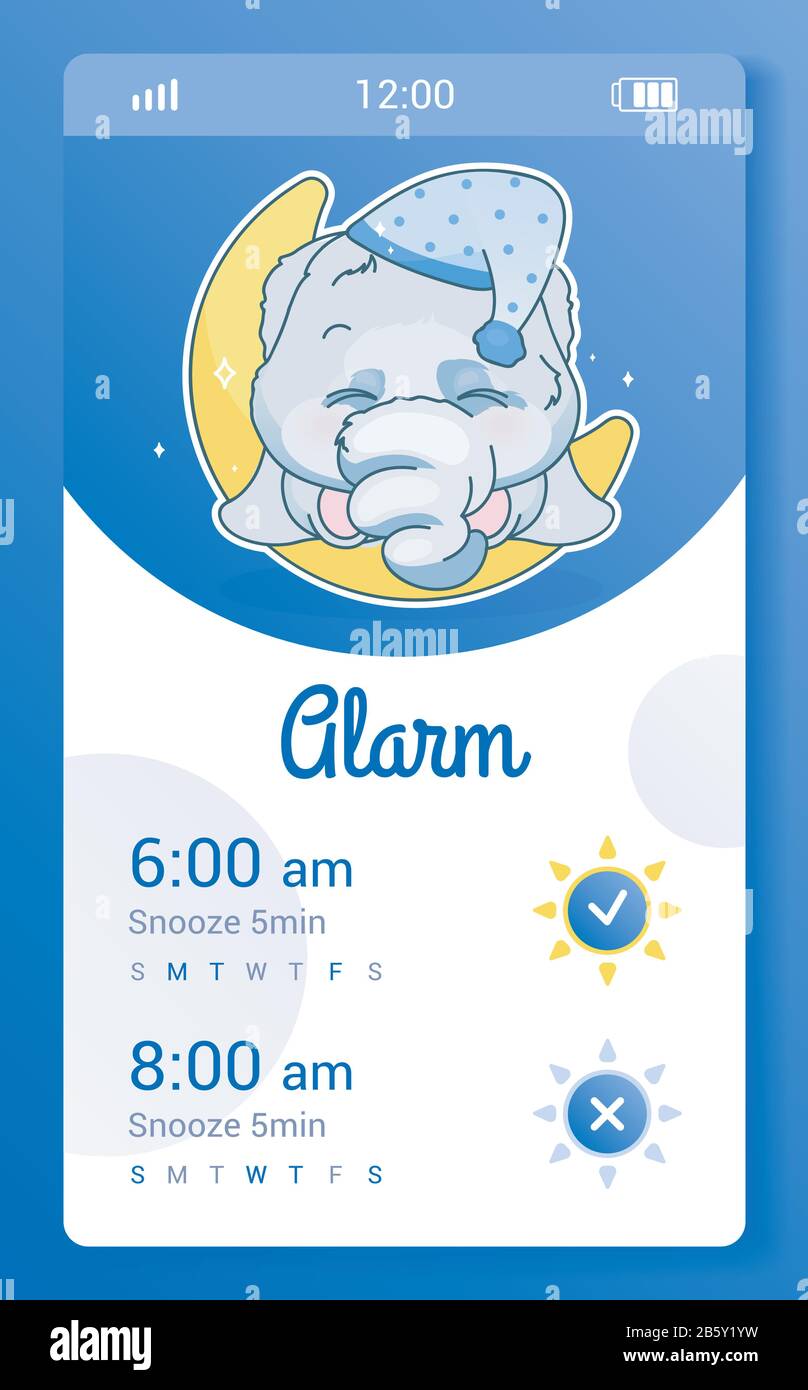 Modello di interfaccia di allarme per smartphone con carattere di elefante kawaii. Layout della pagina dell'app mobile. Orologio, schermata del widget del timer. UI cartone animato per bambini Illustrazione Vettoriale