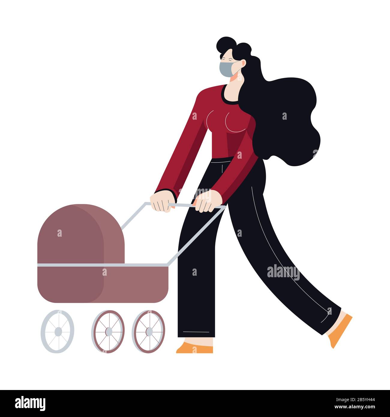 Donna che cammina in maschera medica con carrozzina o carrozzina Illustrazione Vettoriale
