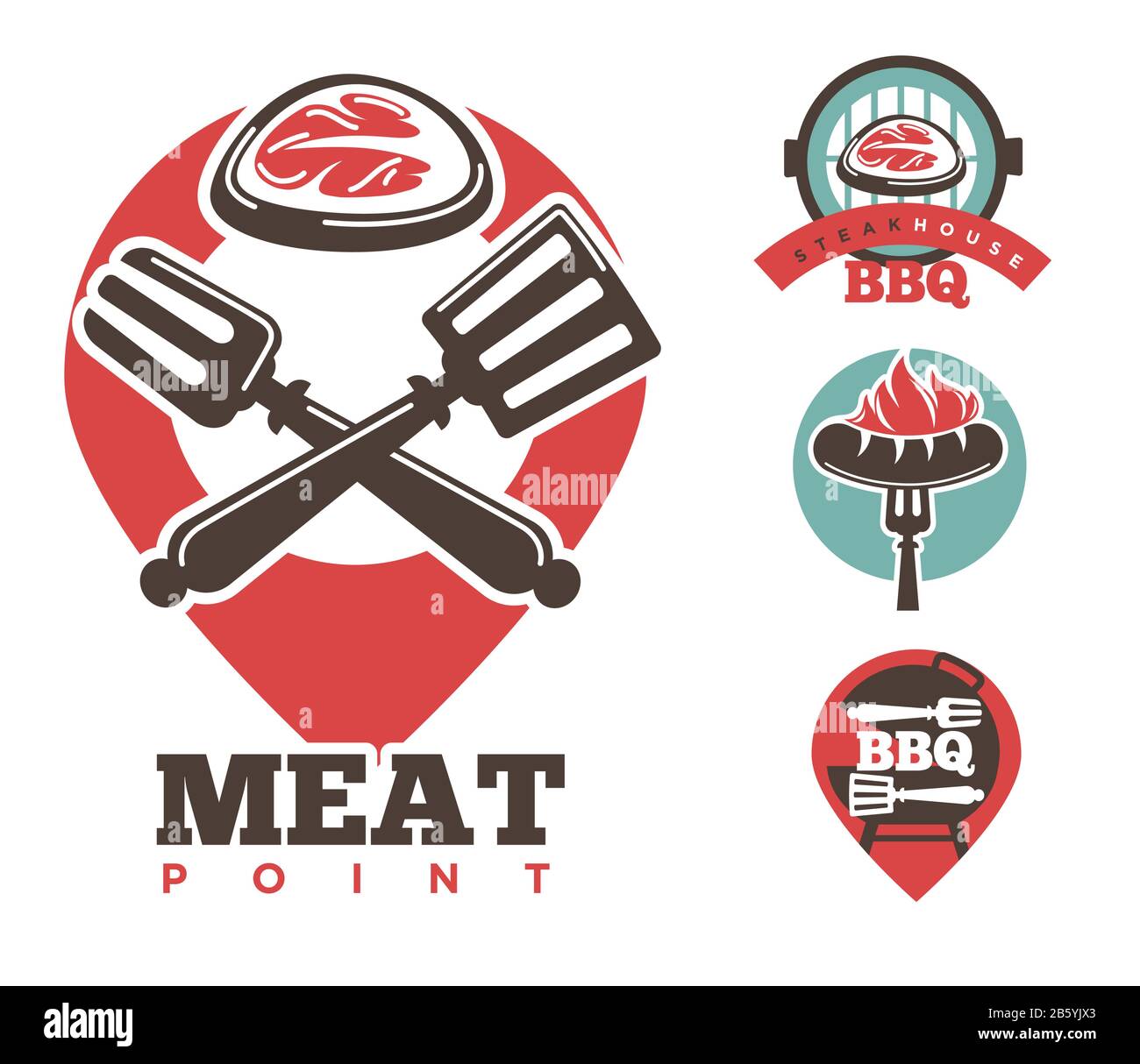 Bistecca e salsiccia, barbecue caffè o ristorante isolato icone Illustrazione Vettoriale