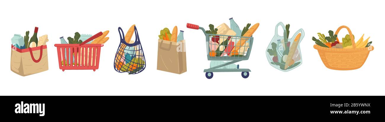 Supermercato o mercato alimentare in cestino e sacchetto di carta, borsa o carrello Illustrazione Vettoriale