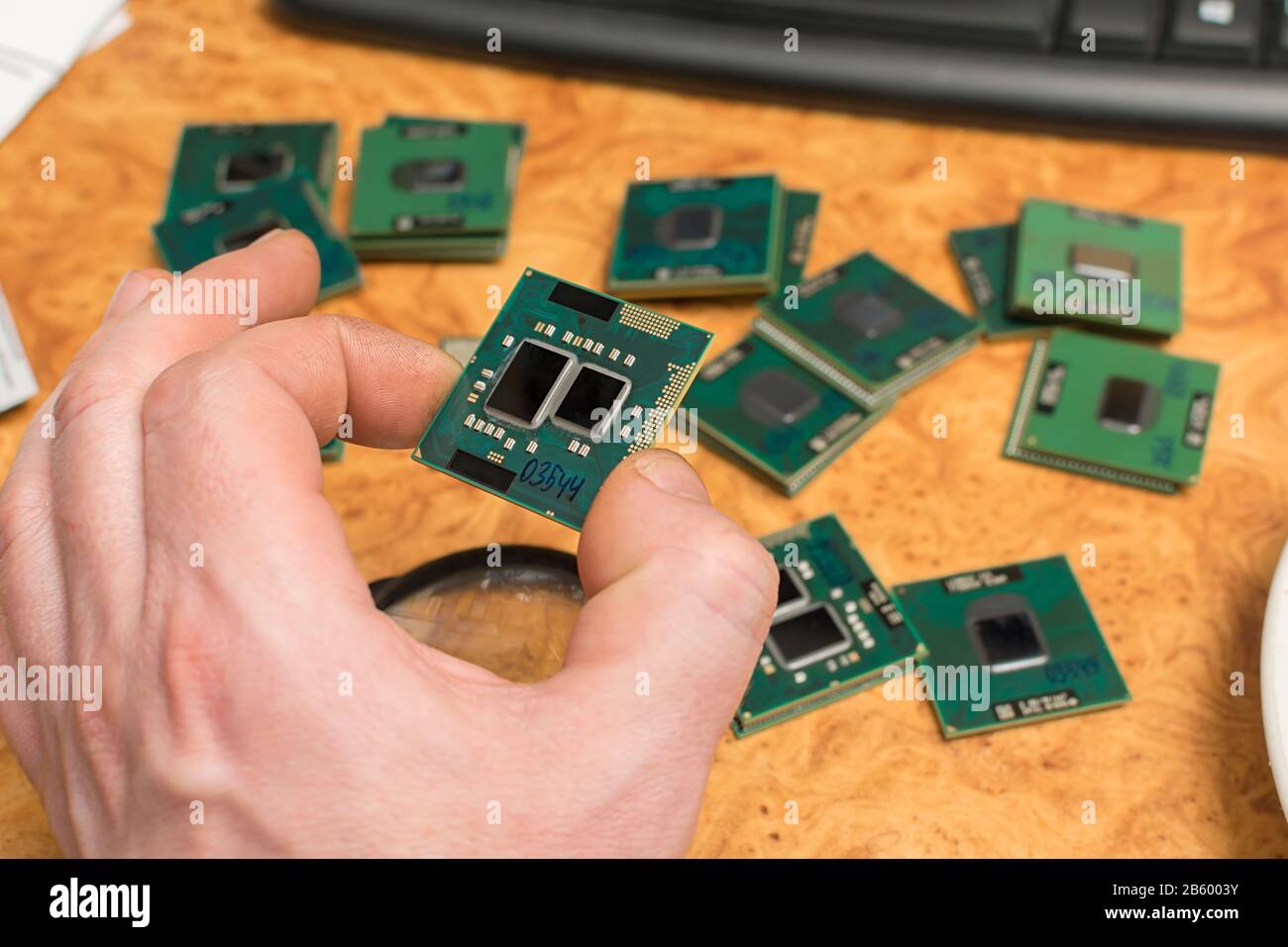 una mano umana trattiene un microprocessore da un computer sullo sfondo di un tavolo e di un mazzo di altri processori Foto Stock