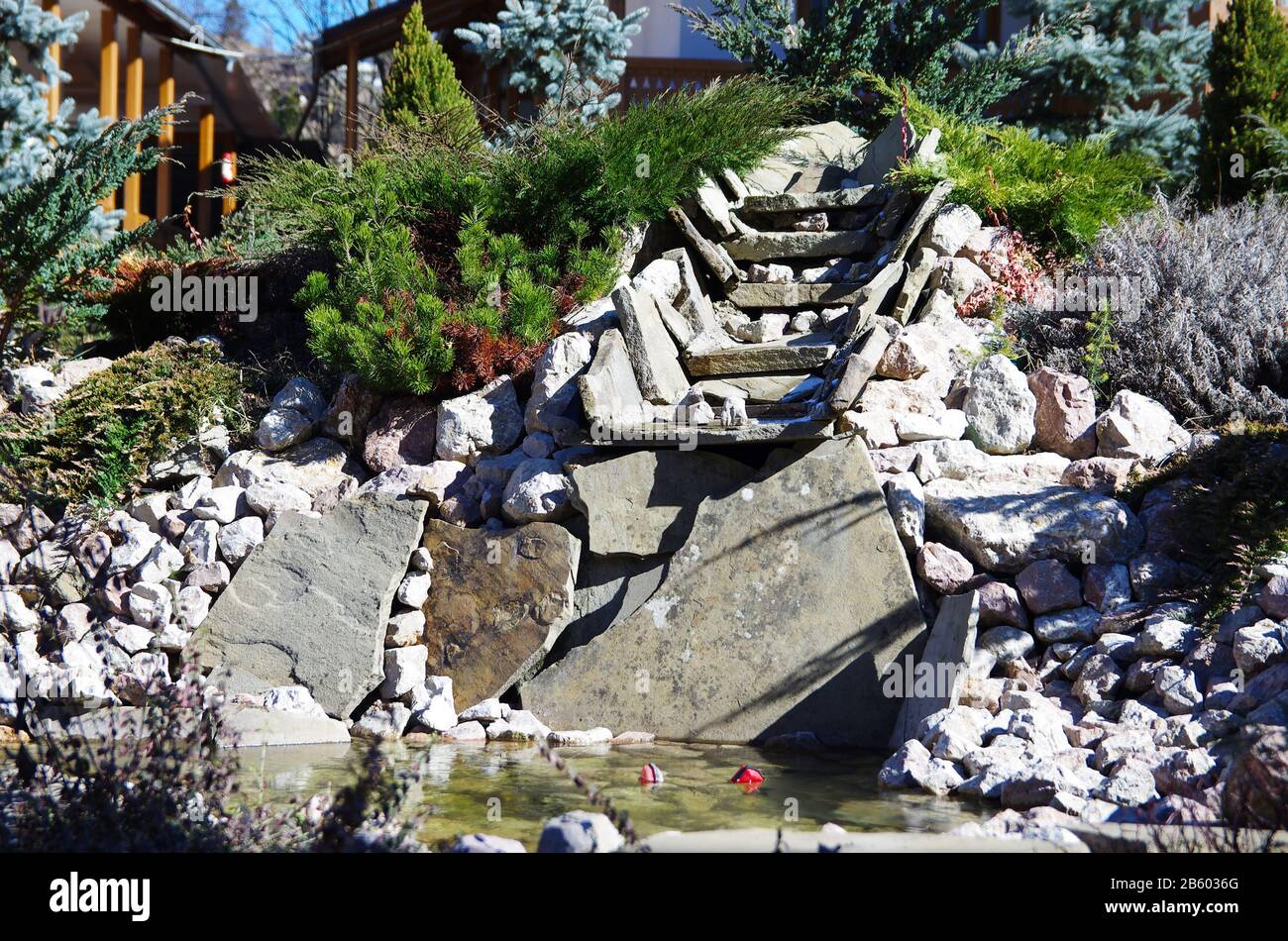 cascata da giardino con moderno design paesaggistico di rocce e abeti Foto Stock
