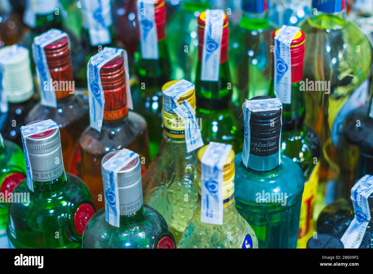 File di bottiglie di vari tipi e marche di bevande alcoliche. Concetti di abitudini, e consumo occasionale o eccessivo Foto Stock