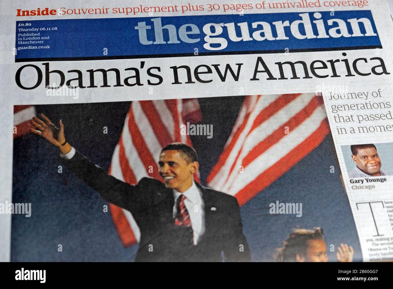 Il presidente Barack Obama sulla prima pagina del quotidiano The Guardian "Obama's New America" headline il 6 novembre 2008 Londra UK Foto Stock