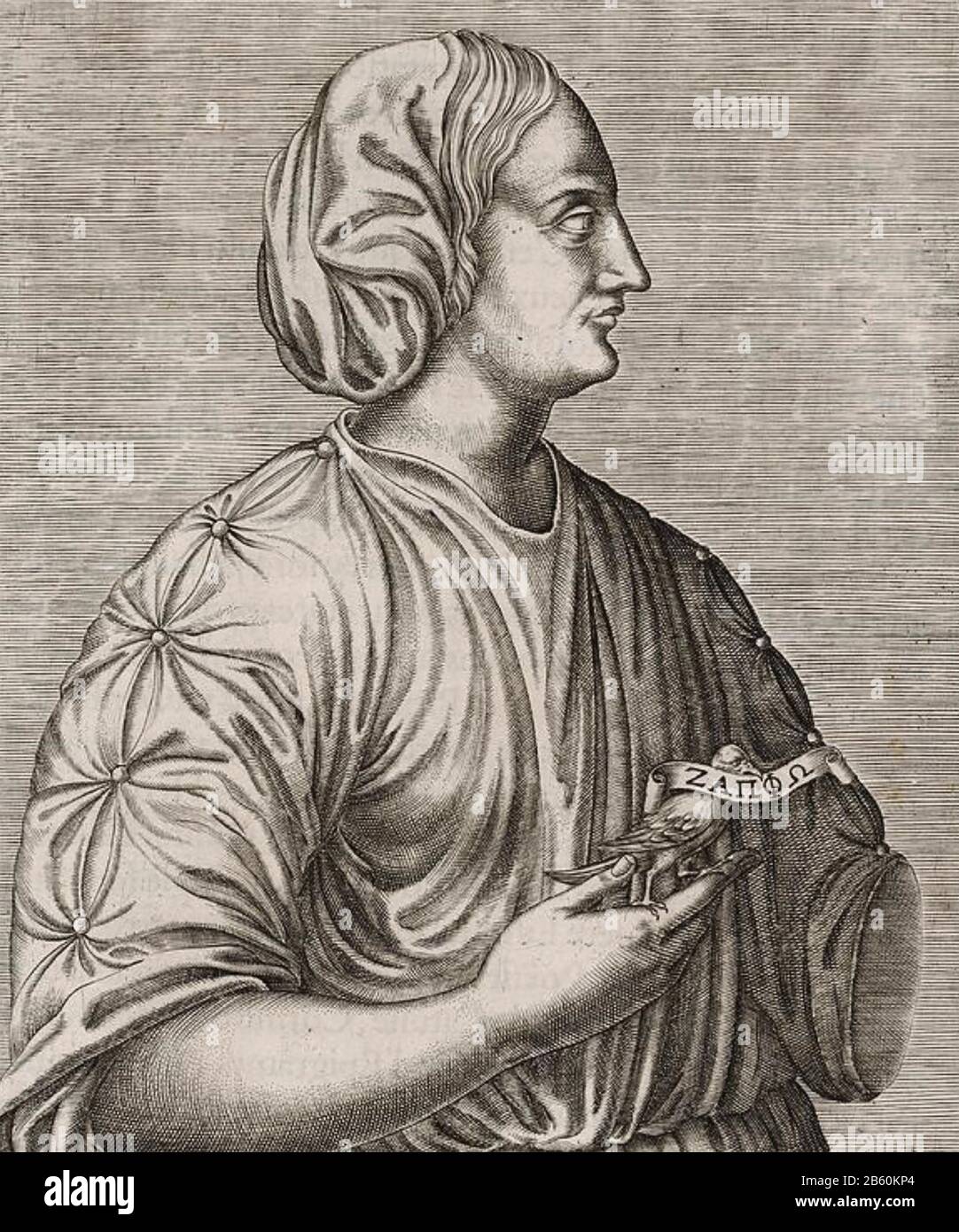 Sappho (c 630-c 570 a.C.) poeta greco arcaico in un immaginario medievale. Foto Stock