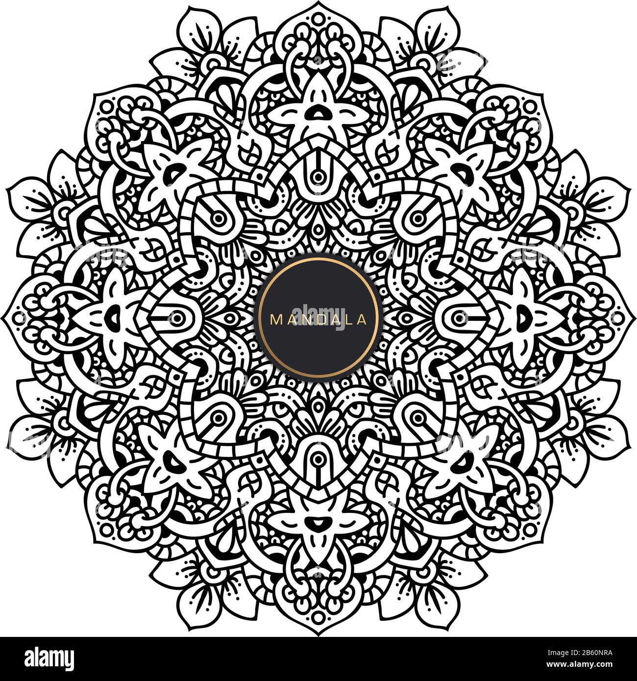 Bianco e nero mandala vettore isolato su bianco. Vettore disegnati a mano circolare elemento decorativo. Illustrazione Vettoriale