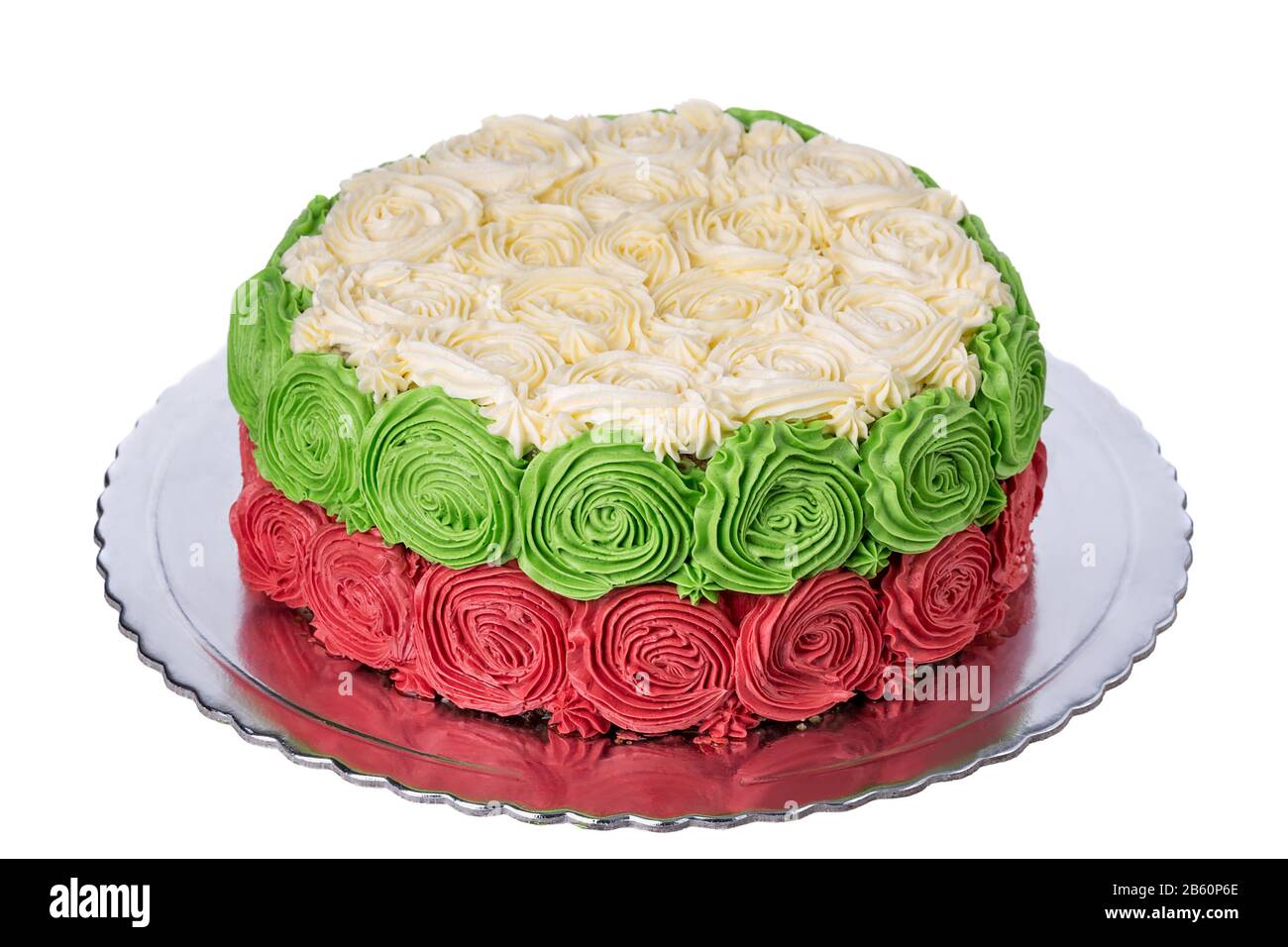 Torta di crema con fiori di rose. I colori dell'ensign bulgaro. Foto Stock