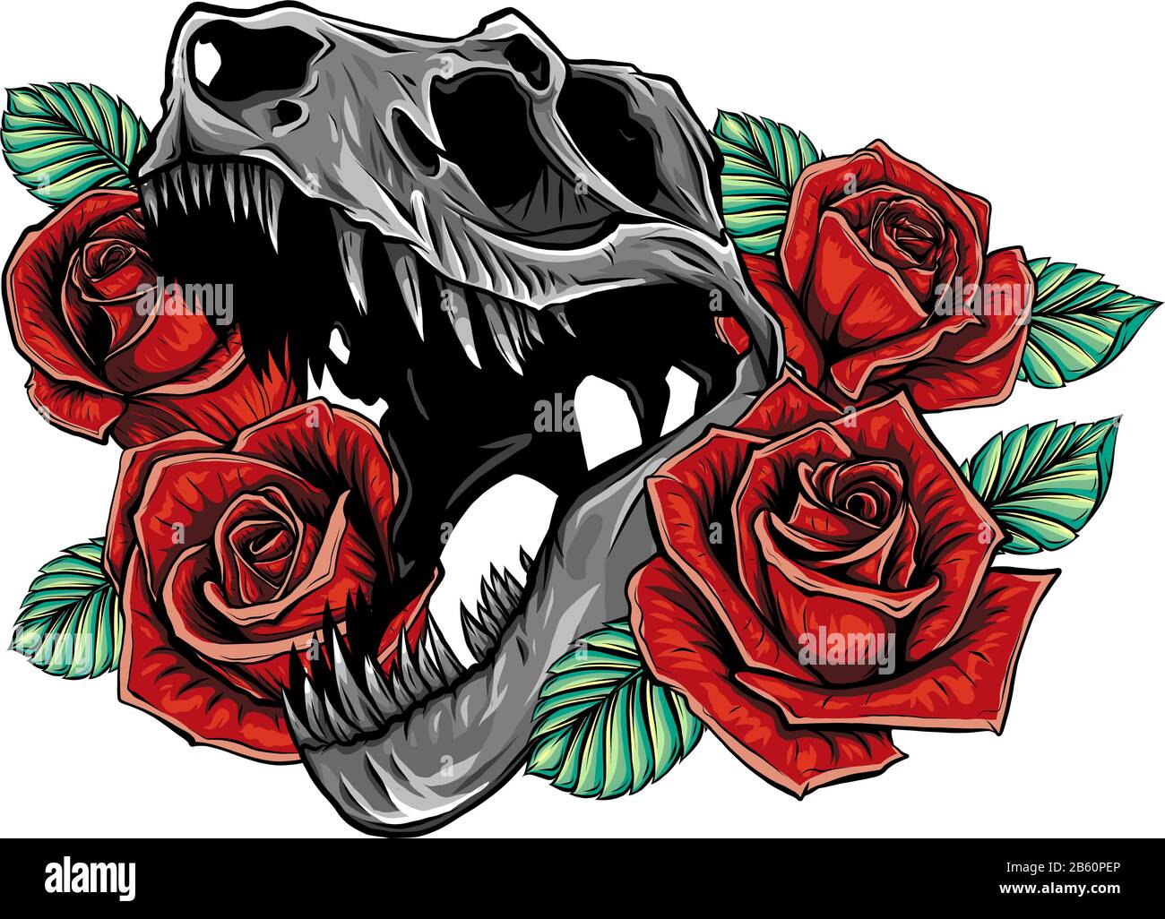 Disegno dettagliato dello stile di schizzo del tirannosauro ruggente rex e della cornice delle rose. Design tatuato. Illustrazione Vettoriale