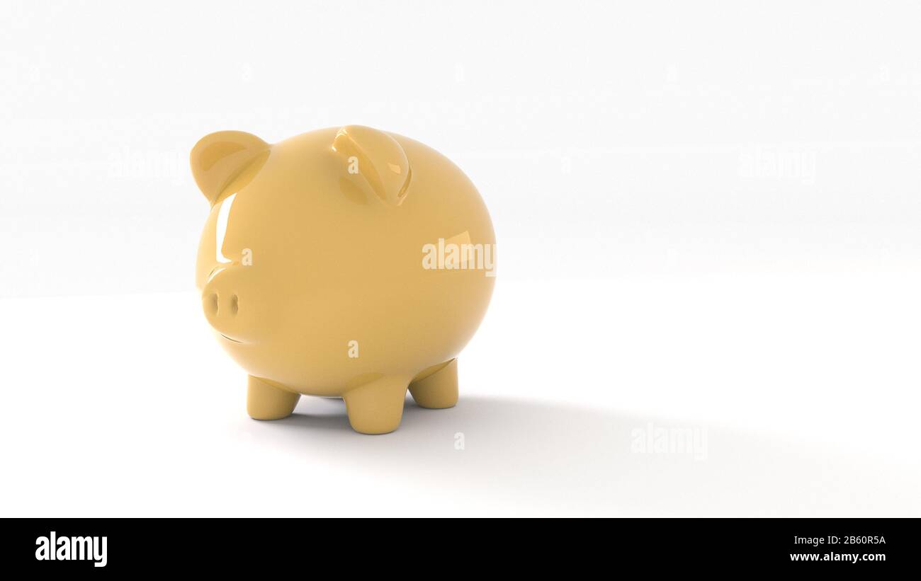 Banco piggy giallo su sfondo bianco, rendering 3D Foto Stock