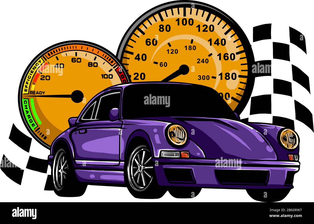 Speed Race Car con linee astratte di sfocatura del movimento sullo sfondo di una bandiera a scacchi e Speedometer ad alta velocità. Illustrazione Vettoriale