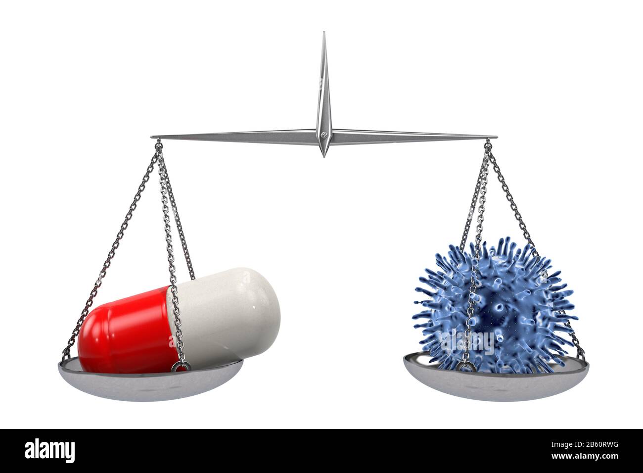 illustrazione 3d: bilancia vintage con una cellula di virus blu su una ciotola e una pillola medica sull'altra. Concetto medico e scientifico. Foto Stock