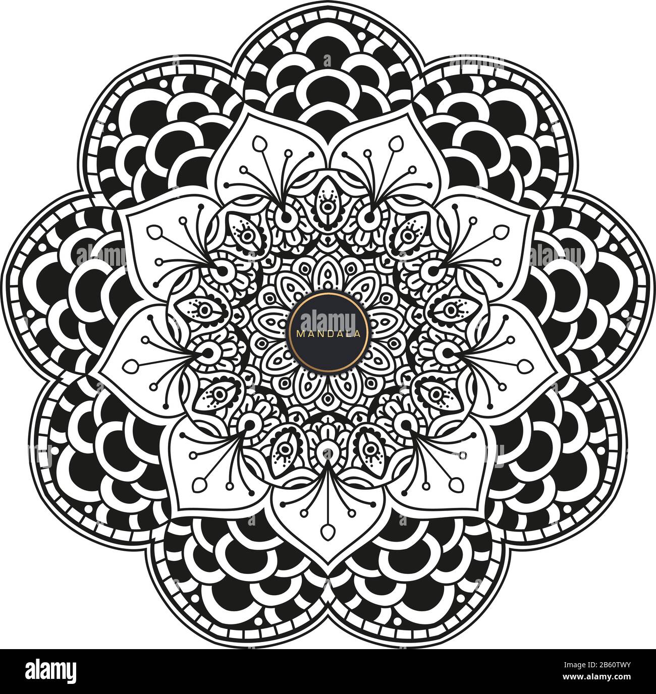 Bianco e nero mandala vettore isolato su bianco. Vettore disegnati a mano circolare elemento decorativo. Illustrazione Vettoriale