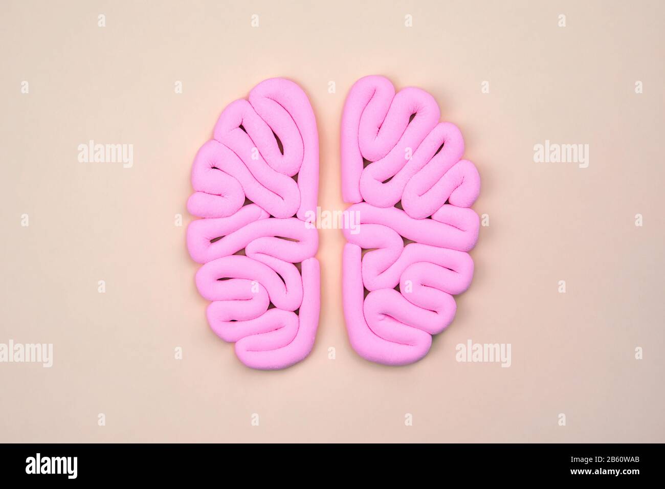 Modello rosa di cervello umano dall'alto su piatto luminoso. Concetto di intelligenza. Emisferi mockup, layout. Foto Stock