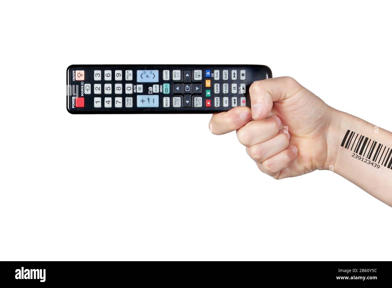 Controllo di massa sulla vita personale. Il telecomando in mano con un codice a barre. Foto Stock