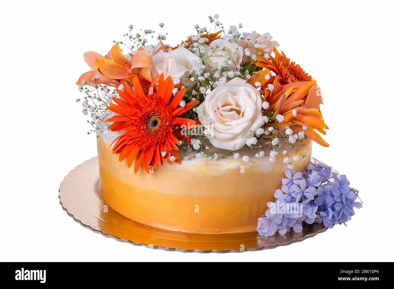 Torta all'arancia, decorata con fiori freschi. Su sfondo bianco. Foto Stock