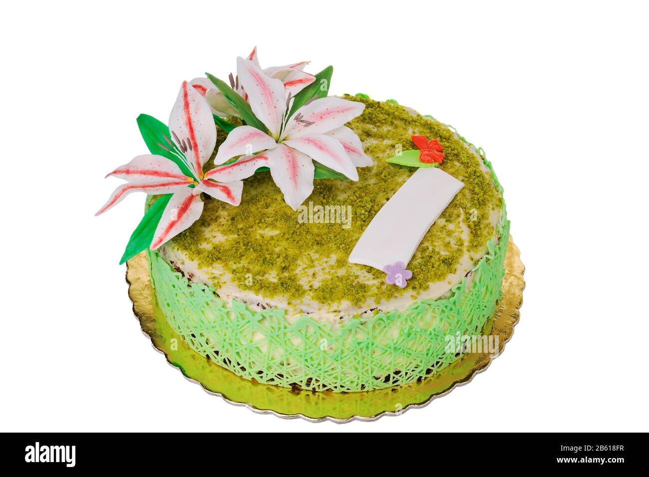 Deliziosa torta al pistacchio. Con il fiore di giglio. Foto Stock