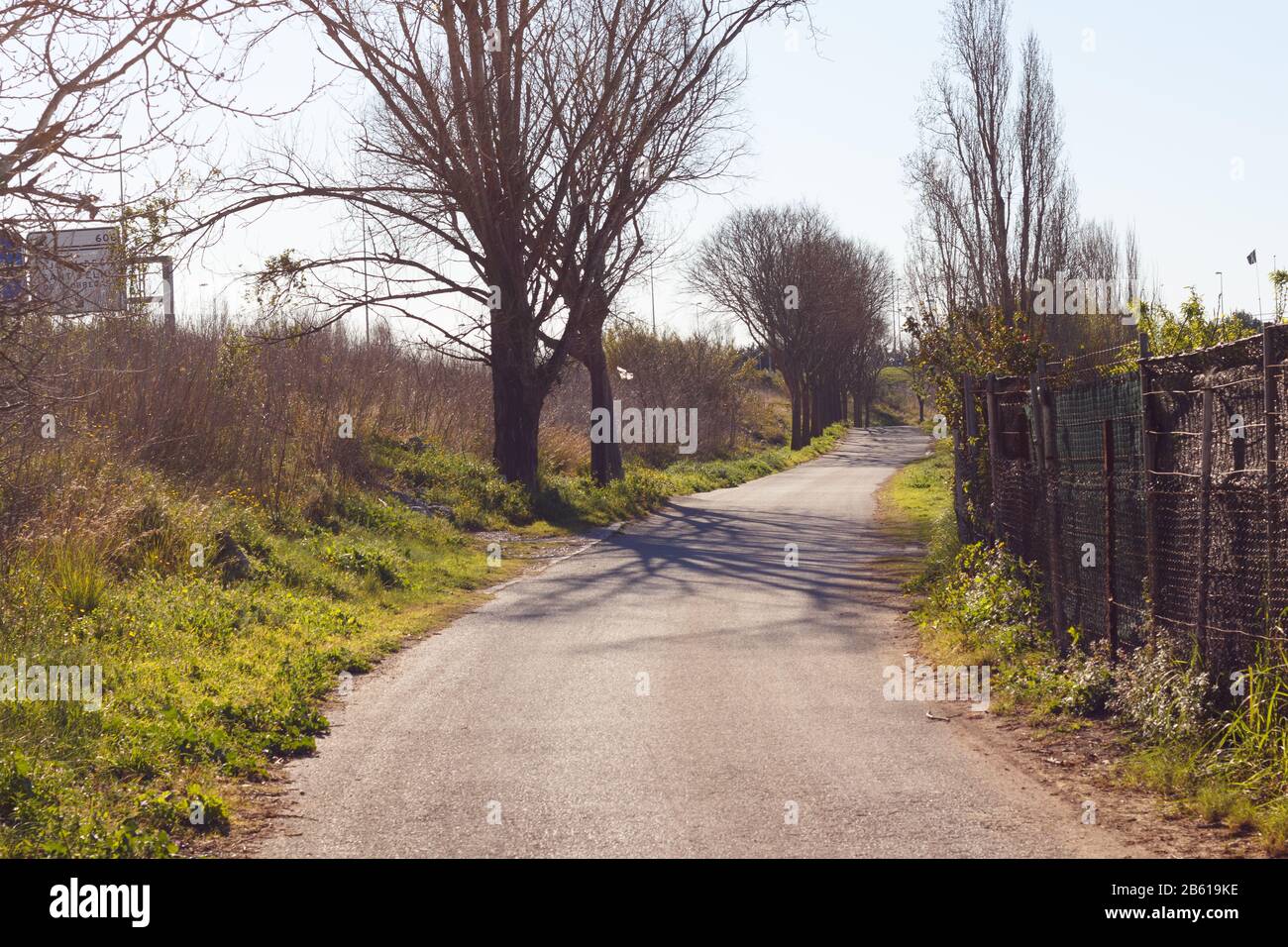 Strada che va ai campi di coltivazione e corre parallela al fiume Llobregat nella zona agricola di Baix L; libregat nella provincia di B. Foto Stock