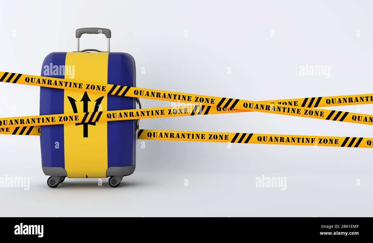 Barbados valigia da viaggio coperta con nastro di quarantena. Rappresentazione 3D Foto Stock