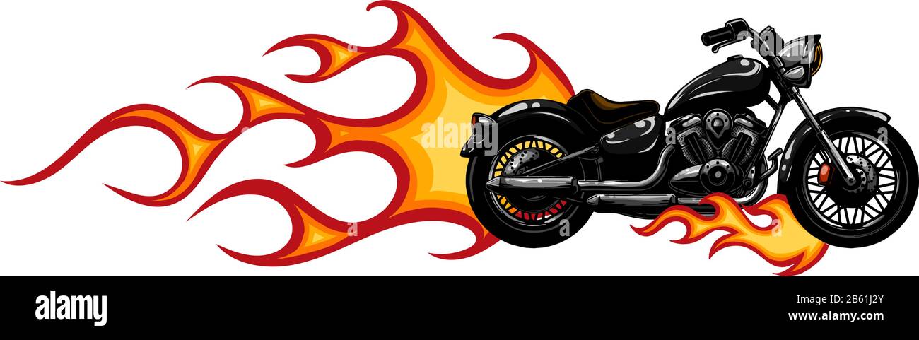 Masterizzazione drammatico motociclo travolto in feroci fiery fiamme arancione e il fuoco che esplodono scintille Illustrazione Vettoriale