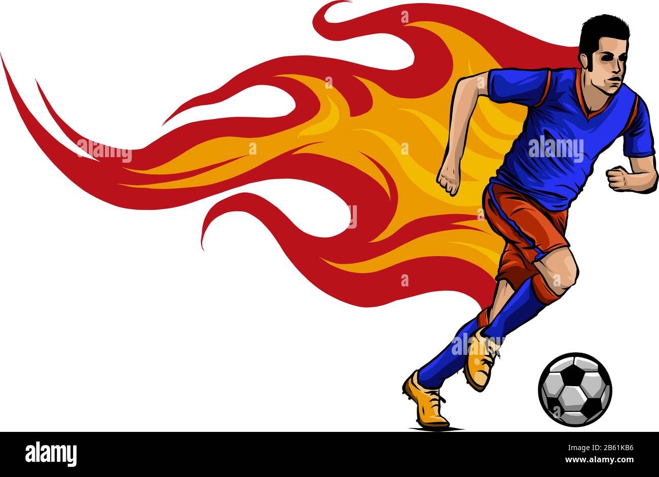 Giocatore di calcio che fa calciare una palla e ha uno sfondo come un vettore di fiamma Illustrazione Vettoriale