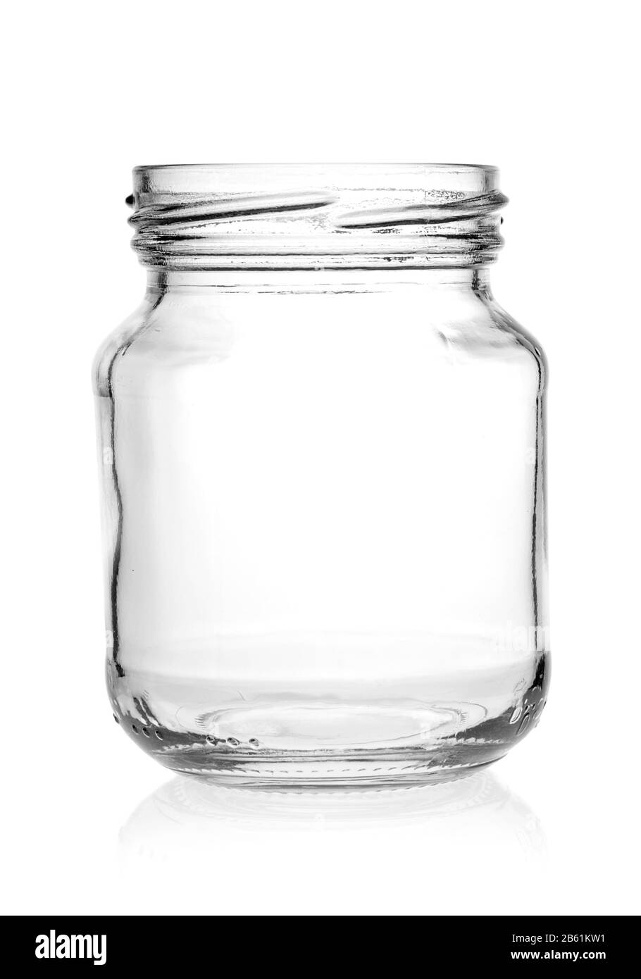 Vaso in vetro con filettatura vuota su sfondo bianco. Foto Stock