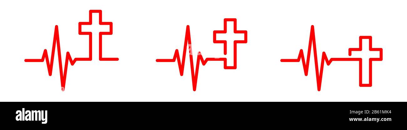 Battito cardiaco con croce cristiana. Icona concettuale lineare isolata. Illustrazione del vettore. Illustrazione Vettoriale