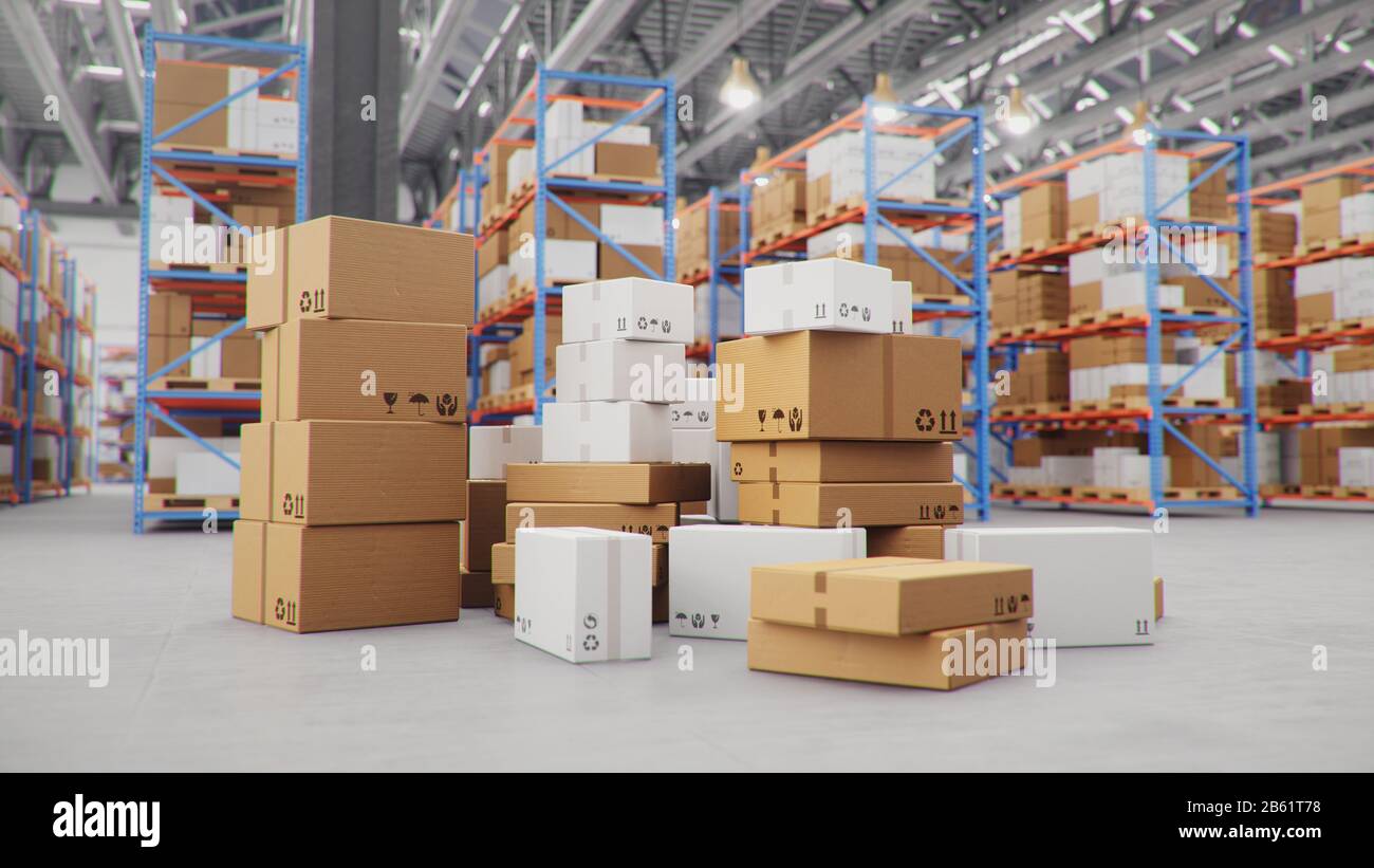 3D Illustrazione consegna pacchi, sistema di trasporto pacchi concetto, mucchio di scatole di cartone in mezzo al magazzino. Magazzino con cartone Foto Stock