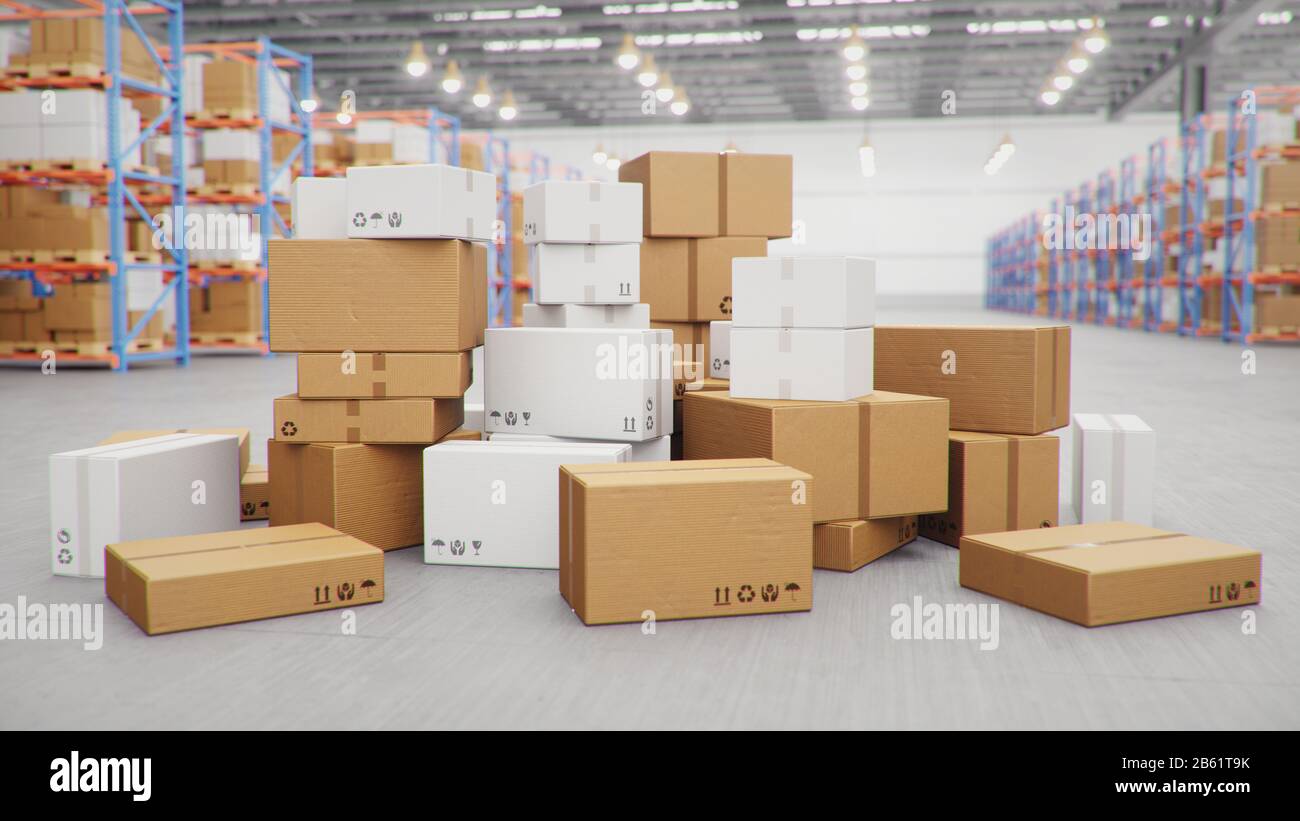 3D Illustrazione consegna pacchi, sistema di trasporto pacchi concetto, mucchio di scatole di cartone in mezzo al magazzino. Magazzino con cartone Foto Stock