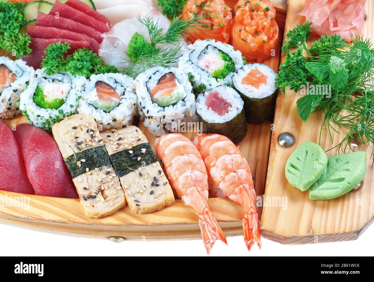 Set gruppo di sushi esotico cibo, calamari. Primo piano. Foto Stock