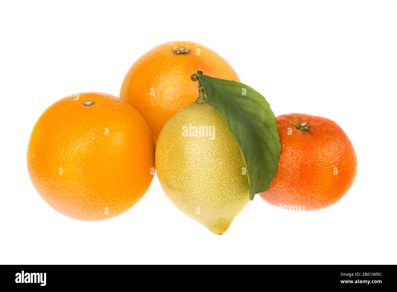 Gruppo di agrumi mandarino e limone. Su sfondo bianco. Foto Stock
