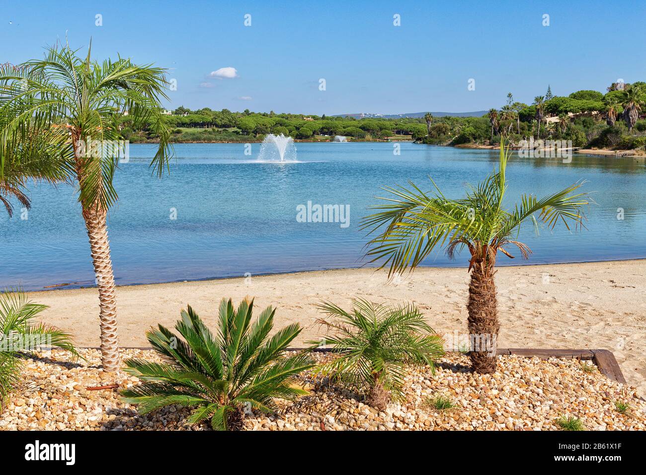 Bellissimo scenario del lago con fontane, una spiaggia e palme. Foto Stock