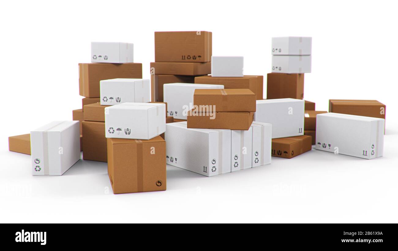 Pila, mucchio di scatole di cartone isolato su uno sfondo bianco. Scatole di cartone per la consegna delle merci. Consegna pacchi, trasporto pacchi Foto Stock