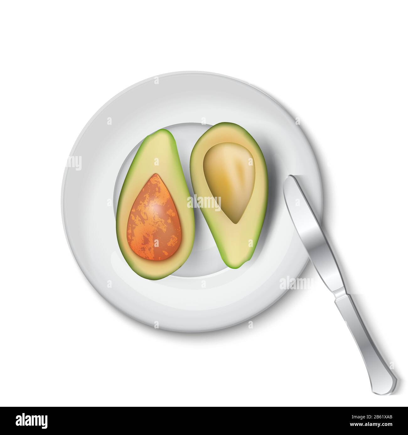Due metà di avocado fresco su un piatto. Disegno di realictyc. Illustrazione del vettore Illustrazione Vettoriale